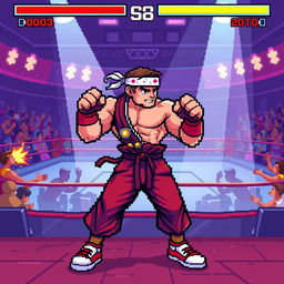 An exciting 8-bit pixel art scene featuring a generic fighter character in a dynamic combat pose