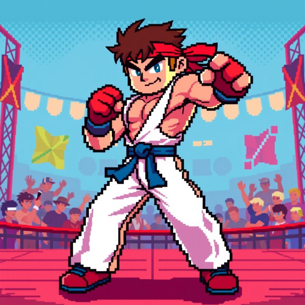 An exciting 8-bit pixel art scene featuring a generic fighter character in a dynamic combat pose