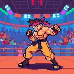 An exciting 8-bit pixel art scene featuring a generic fighter character in a dynamic combat pose