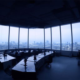 In broad daylight, the penthouse office of the SWAT Control Room, featuring panoramic glass walls which provide an extensive view of the bustling city.