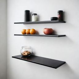 High-quality black stainless steel shelves mounted on a clean, white wall