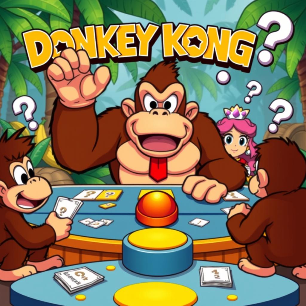 A vibrant and colorful cartoon-style illustration featuring Donkey Kong and his friends engaged in a fun quiz game