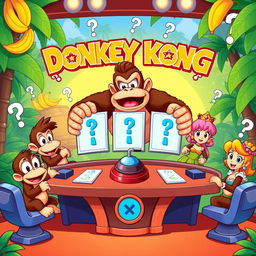 A vibrant and colorful cartoon-style illustration featuring Donkey Kong and his friends engaged in a fun quiz game