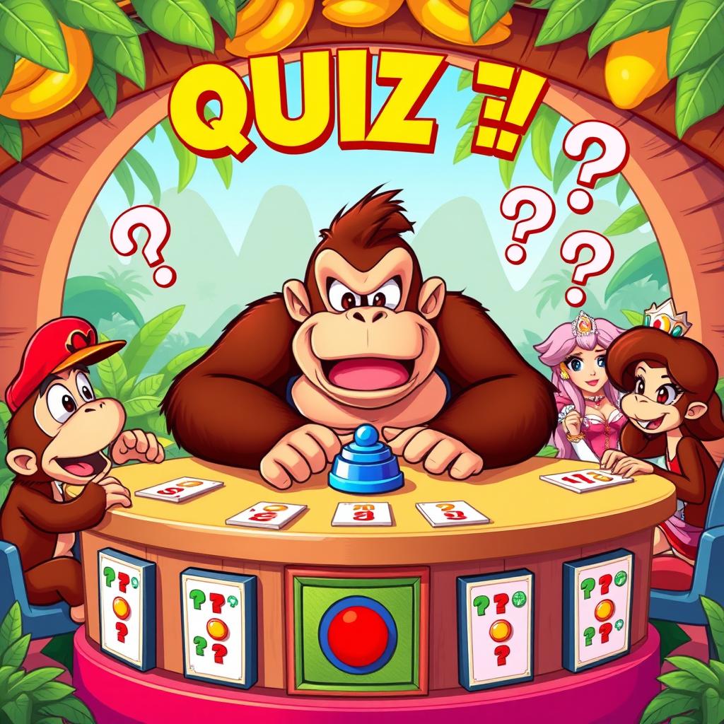 A vibrant and colorful cartoon-style illustration featuring Donkey Kong and his friends engaged in a fun quiz game