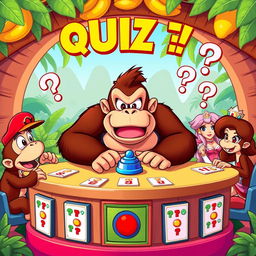 A vibrant and colorful cartoon-style illustration featuring Donkey Kong and his friends engaged in a fun quiz game