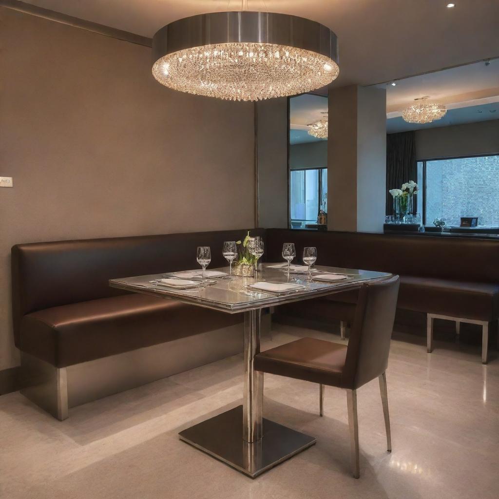 A stylish stainless steel restaurant table under soft lighting, reflecting the subtle ambience of a fancy dining setup.