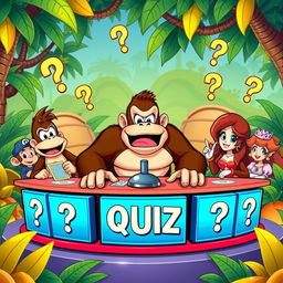 A vibrant and colorful cartoon-style illustration featuring Donkey Kong and his friends engaged in a fun quiz game