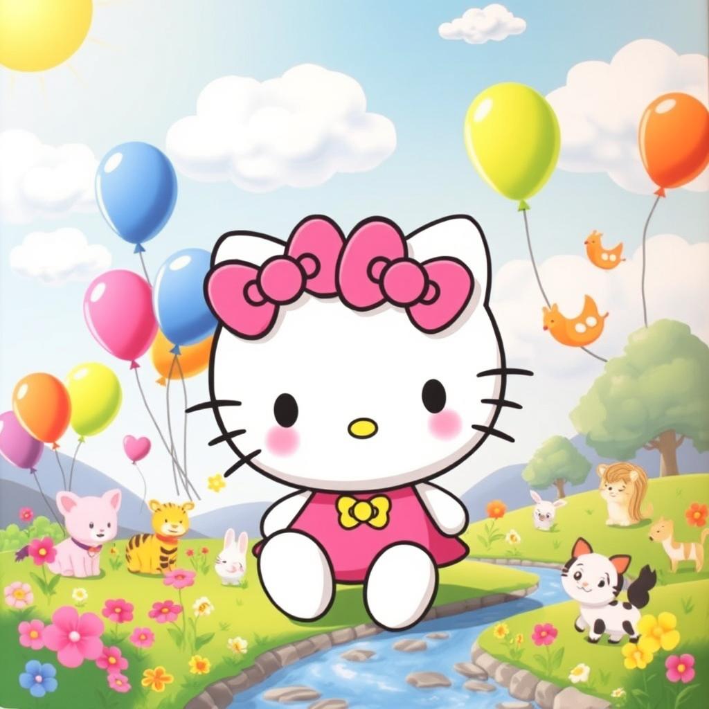 A cute, whimsical scene featuring a large, smiling Hello Kitty character surrounded by colorful balloons and playful cartoon animals