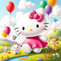 A cute, whimsical scene featuring a large, smiling Hello Kitty character surrounded by colorful balloons and playful cartoon animals