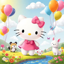 A cute, whimsical scene featuring a large, smiling Hello Kitty character surrounded by colorful balloons and playful cartoon animals