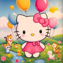 A cute, whimsical scene featuring a large, smiling Hello Kitty character surrounded by colorful balloons and playful cartoon animals