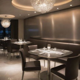 A stylish stainless steel restaurant table under soft lighting, reflecting the subtle ambience of a fancy dining setup.