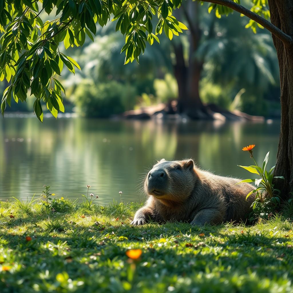 A serene and picturesque scene featuring a capybara lounging peacefully by a tranquil water body