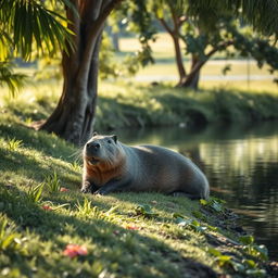 A serene and picturesque scene featuring a capybara lounging peacefully by a tranquil water body