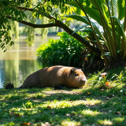 A serene and picturesque scene featuring a capybara lounging peacefully by a tranquil water body