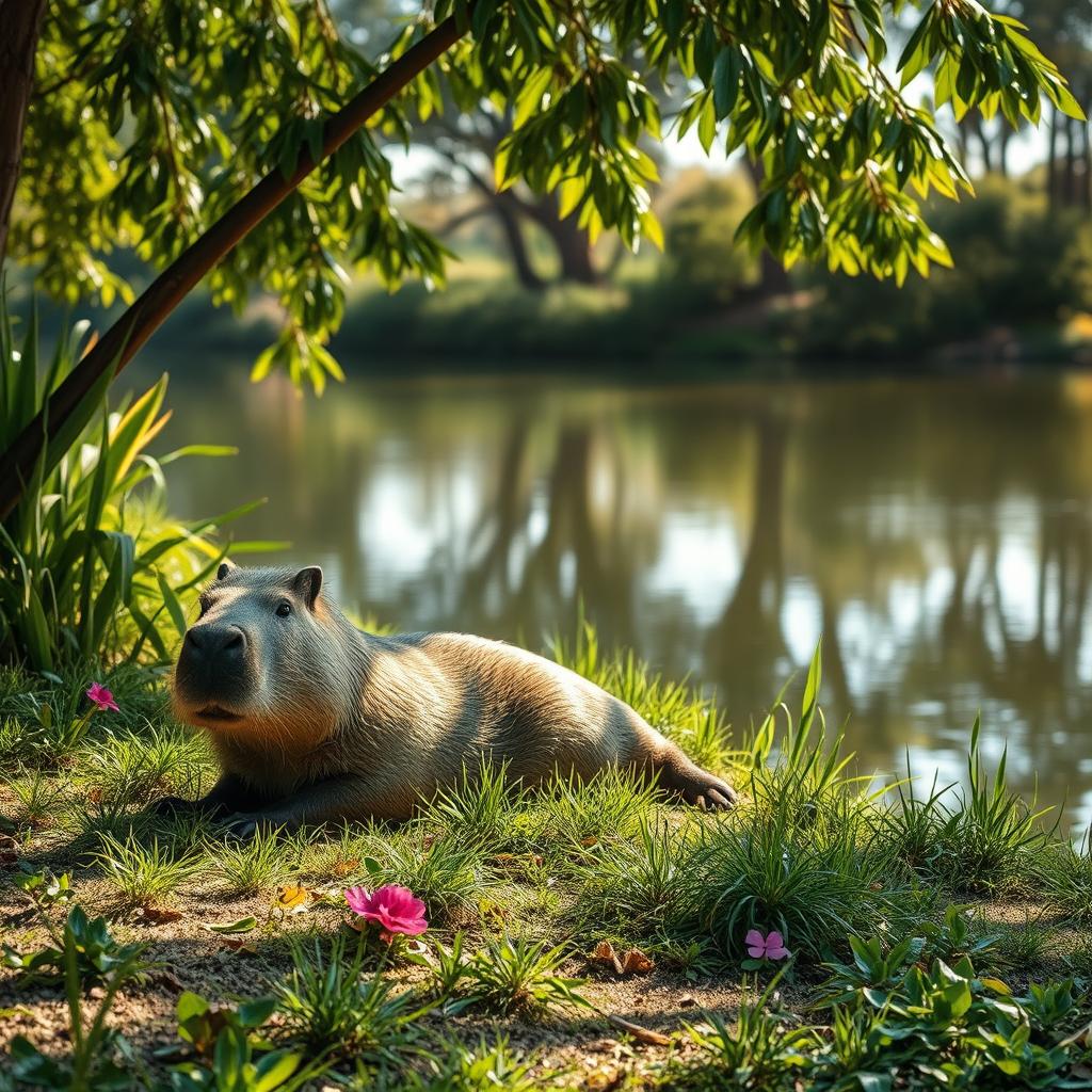 A serene and picturesque scene featuring a capybara lounging peacefully by a tranquil water body