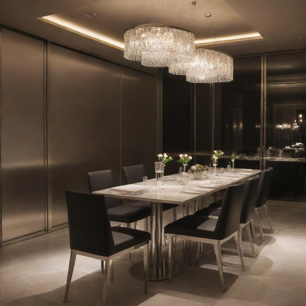 A stylish stainless steel restaurant table under soft lighting, reflecting the subtle ambience of a fancy dining setup.