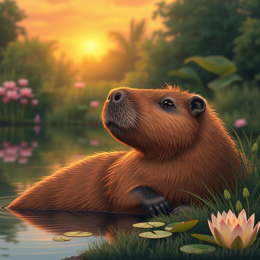 A serene scene depicting a capybara lounging by a peaceful lake during sunset