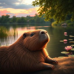 A serene scene depicting a capybara lounging by a peaceful lake during sunset