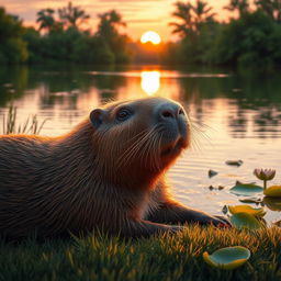 A serene scene depicting a capybara lounging by a peaceful lake during sunset