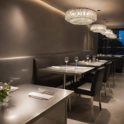 A stylish stainless steel restaurant table under soft lighting, reflecting the subtle ambience of a fancy dining setup.