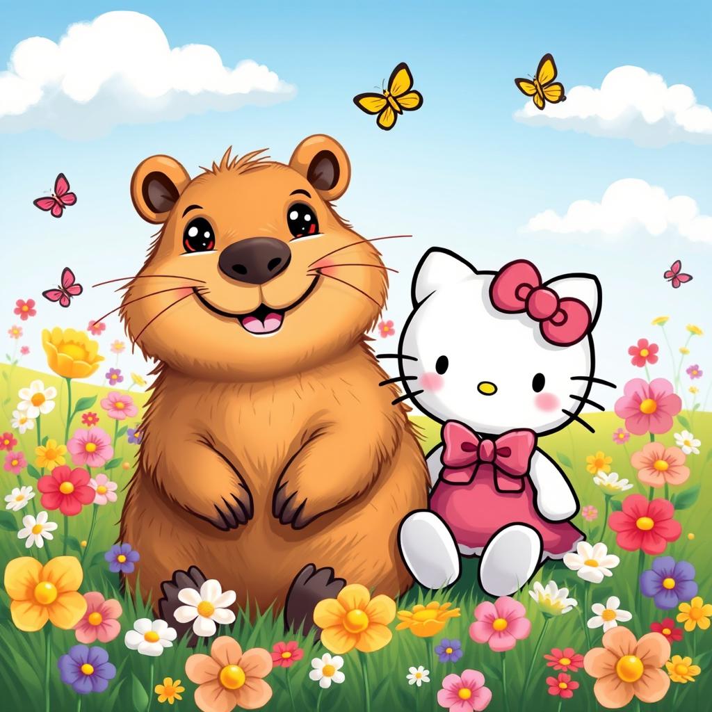 A whimsical and colorful illustration of a capybara happily sitting next to Hello Kitty in a vibrant meadow