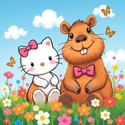 A whimsical and colorful illustration of a capybara happily sitting next to Hello Kitty in a vibrant meadow