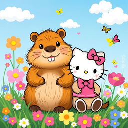 A whimsical and colorful illustration of a capybara happily sitting next to Hello Kitty in a vibrant meadow