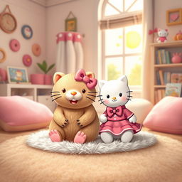 A whimsical and charming scene featuring a capybara and Hello Kitty sitting together in a cozy home setting