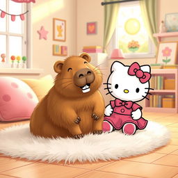 A whimsical and charming scene featuring a capybara and Hello Kitty sitting together in a cozy home setting