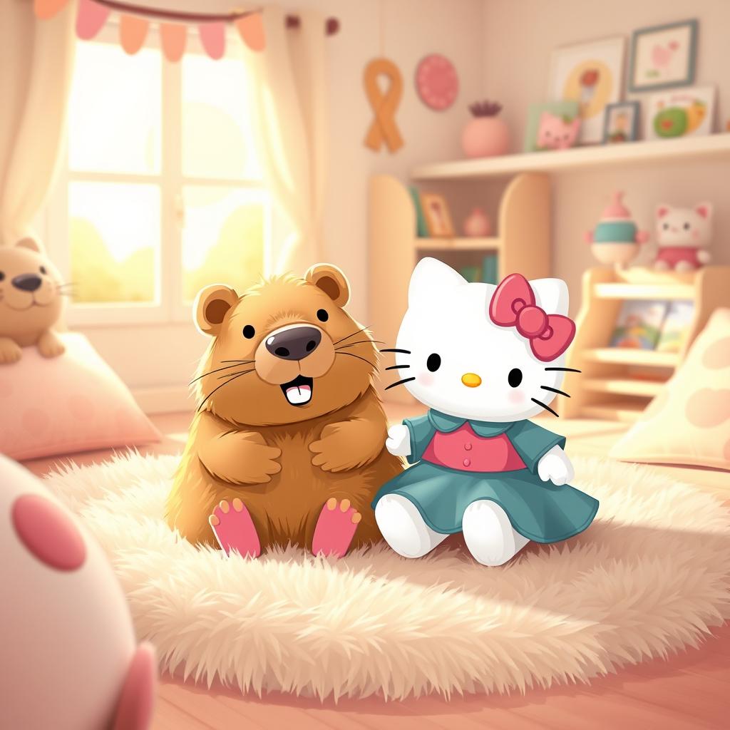 A whimsical and charming scene featuring a capybara and Hello Kitty sitting together in a cozy home setting