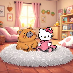 A whimsical and charming scene featuring a capybara and Hello Kitty sitting together in a cozy home setting