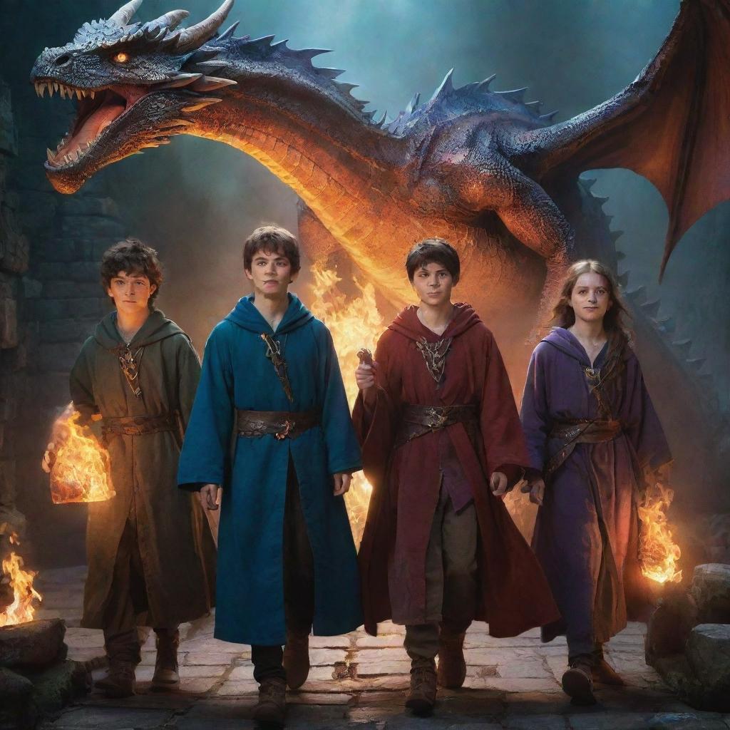 Six teenagers, decked out in mage robes and mystical artefacts, are embarking on a thrilling journey through a magical dungeon. They encounter majestic, fire-breathing dragons along their path.