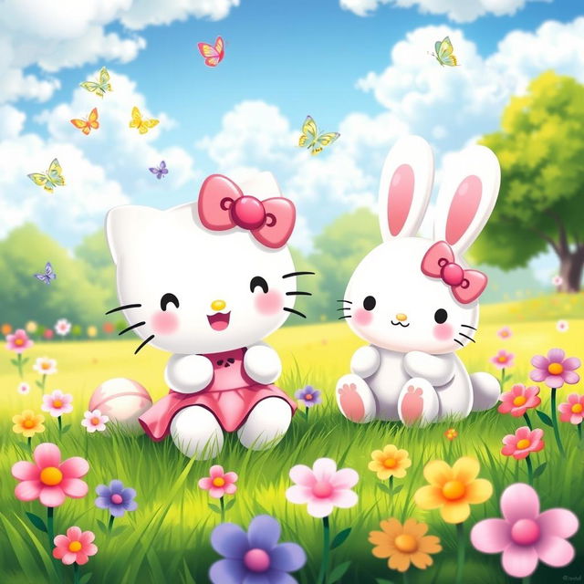 An adorable scene featuring Hello Kitty and Cinnamoroll happily playing together in a colorful park