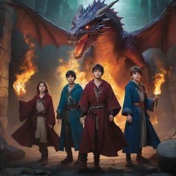 Six teenagers, decked out in mage robes and mystical artefacts, are embarking on a thrilling journey through a magical dungeon. They encounter majestic, fire-breathing dragons along their path.