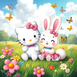 An adorable scene featuring Hello Kitty and Cinnamoroll happily playing together in a colorful park