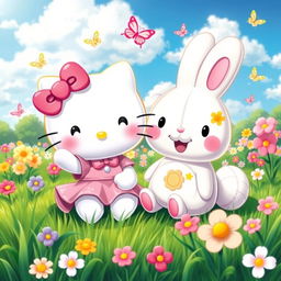 An adorable scene featuring Hello Kitty and Cinnamoroll happily playing together in a colorful park