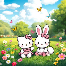 An adorable scene featuring Hello Kitty and Cinnamoroll happily playing together in a colorful park