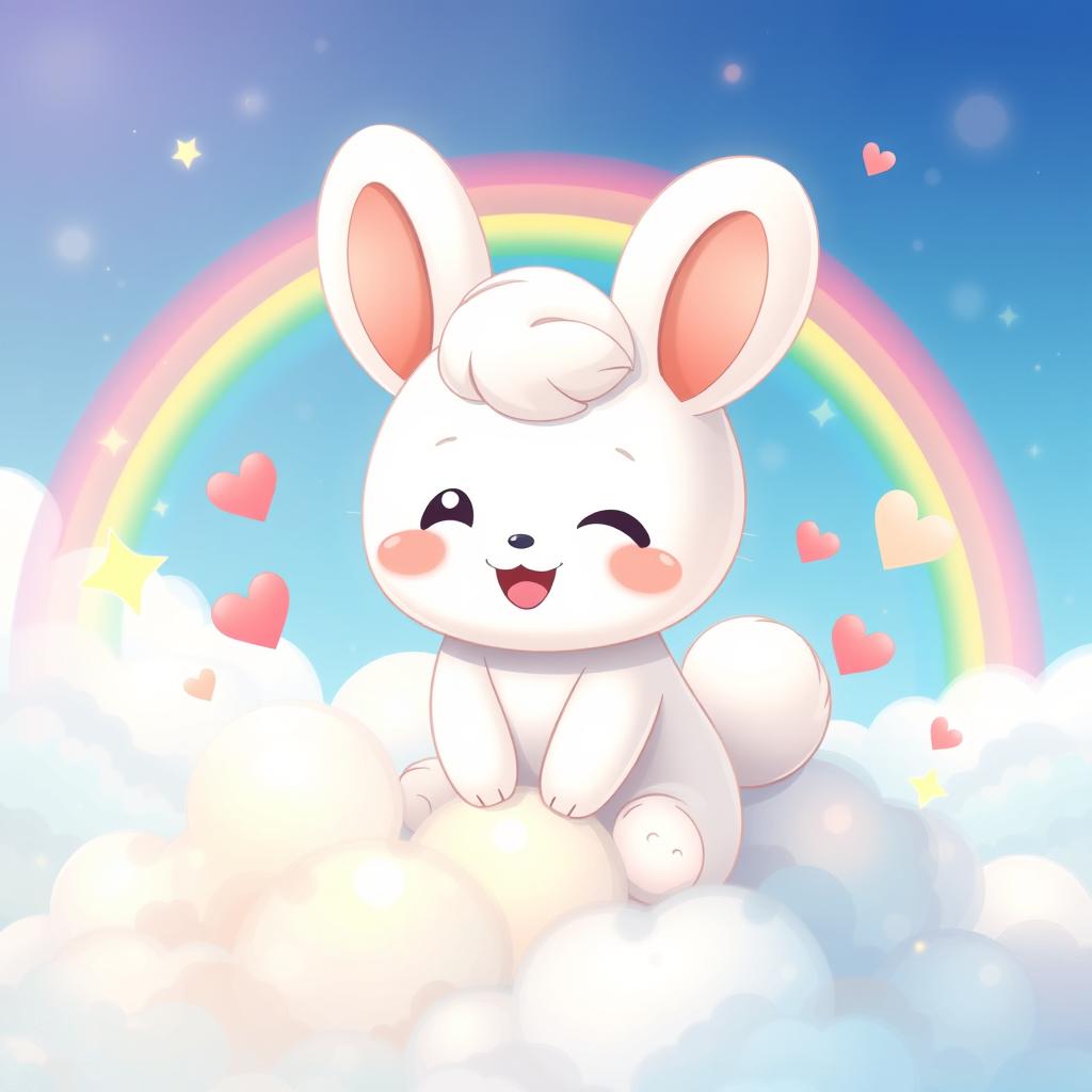 An enchanting illustration of Cinnamoroll, the cute little white puppy with oversized ears and a fluffy tail, sitting on a pastel-colored cloud