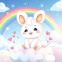 An enchanting illustration of Cinnamoroll, the cute little white puppy with oversized ears and a fluffy tail, sitting on a pastel-colored cloud