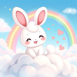 An enchanting illustration of Cinnamoroll, the cute little white puppy with oversized ears and a fluffy tail, sitting on a pastel-colored cloud