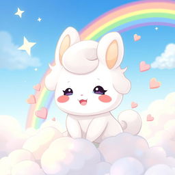 An enchanting illustration of Cinnamoroll, the cute little white puppy with oversized ears and a fluffy tail, sitting on a pastel-colored cloud