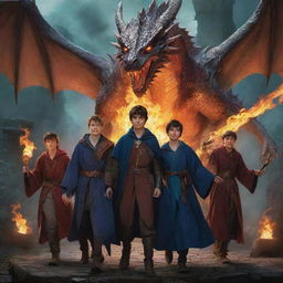 Six teenagers, decked out in mage robes and mystical artefacts, are embarking on a thrilling journey through a magical dungeon. They encounter majestic, fire-breathing dragons along their path.