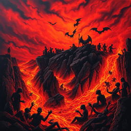 A striking and dramatic depiction of 'El infierno' (Hell), showcasing a vivid and chaotic underworld scene