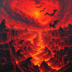 A striking and dramatic depiction of 'El infierno' (Hell), showcasing a vivid and chaotic underworld scene