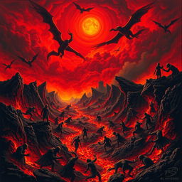 A striking and dramatic depiction of 'El infierno' (Hell), showcasing a vivid and chaotic underworld scene