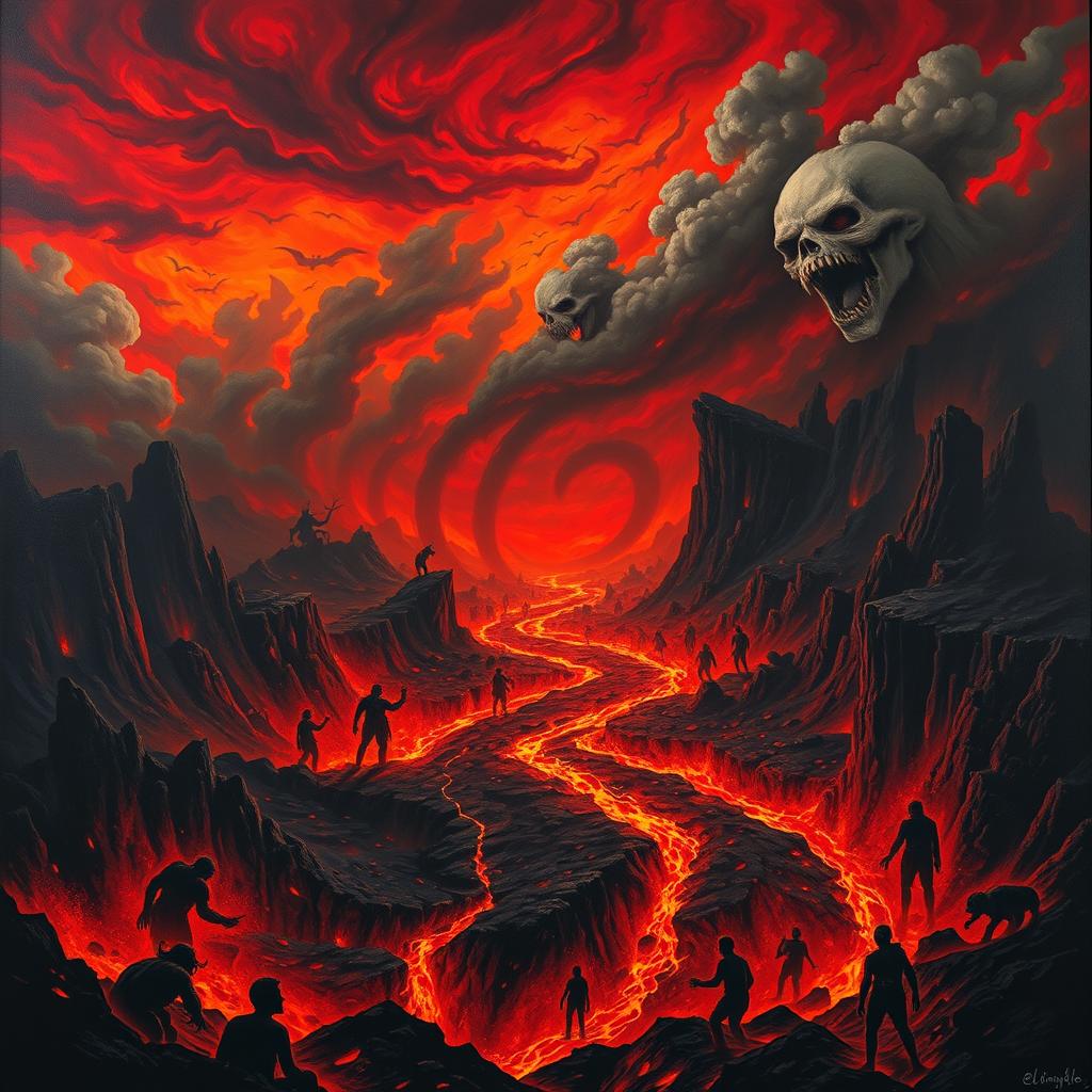 A striking and dramatic depiction of 'El infierno' (Hell), showcasing a vivid and chaotic underworld scene