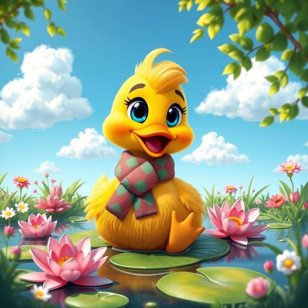 A whimsical and colorful duck character inspired by the Lalafanfan aesthetic, featuring large expressive eyes and a playful demeanor