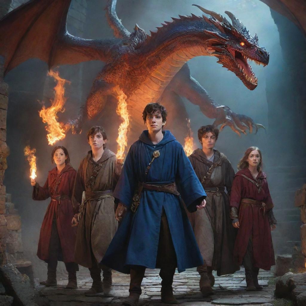 Six teenagers, decked out in mage robes and mystical artefacts, are embarking on a thrilling journey through a magical dungeon. They encounter majestic, fire-breathing dragons along their path.