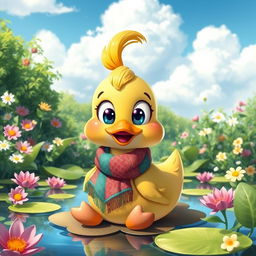 A whimsical and colorful duck character inspired by the Lalafanfan aesthetic, featuring large expressive eyes and a playful demeanor